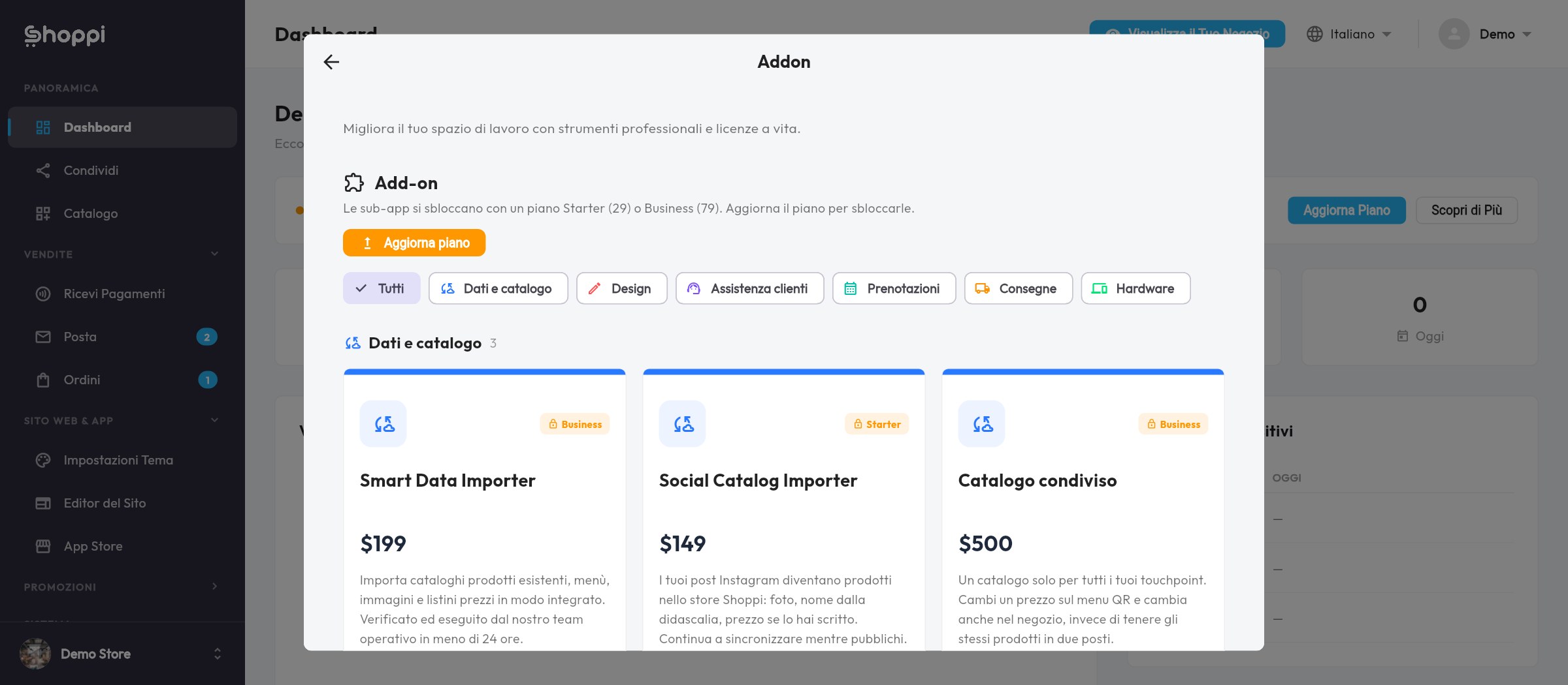 Dashboard Shoppi POS: i moduli si attivano e si disattivano da qui