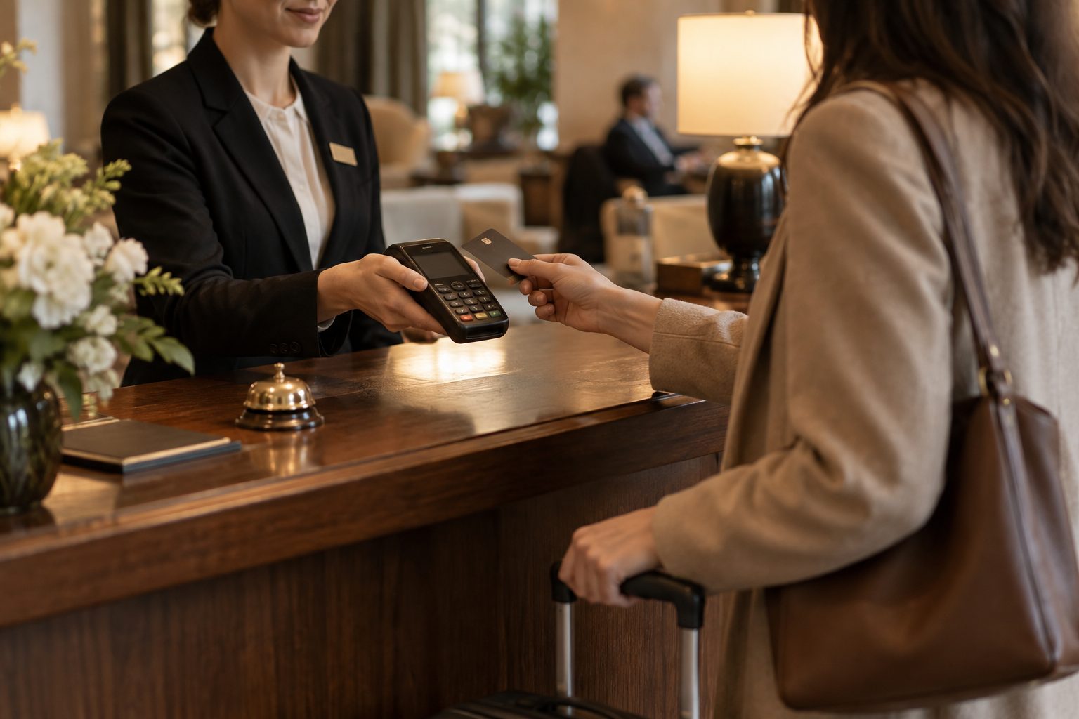 La reception di un hotel che incassa con Shoppi Pay
