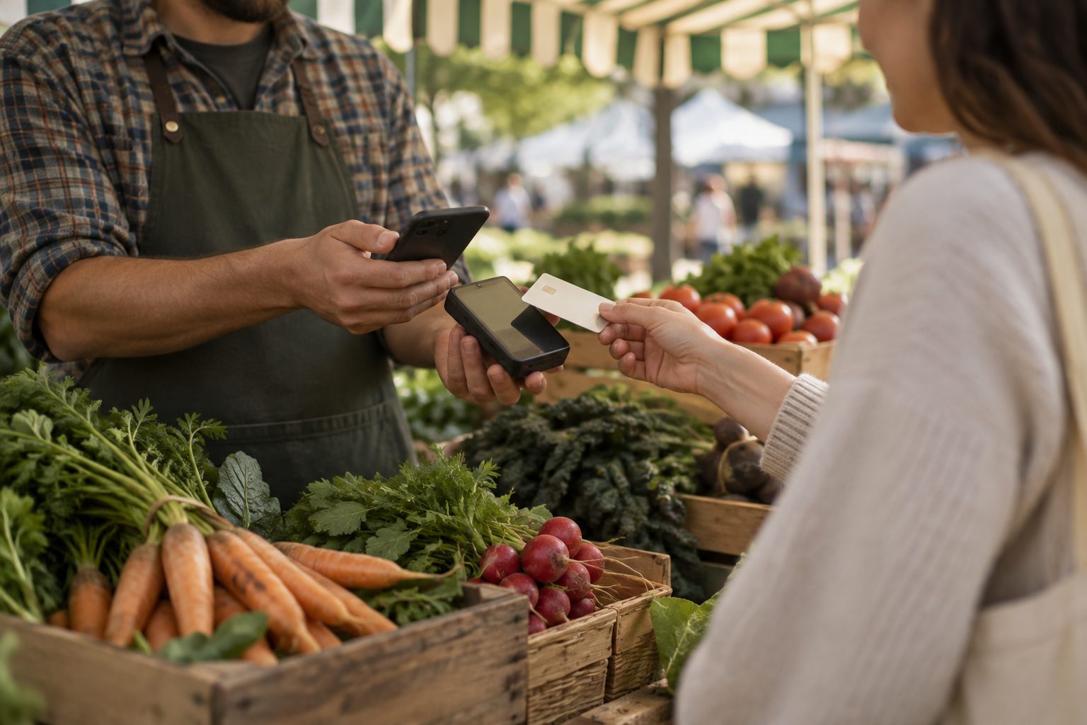 Un banco al mercato che incassa con Shoppi Pay
